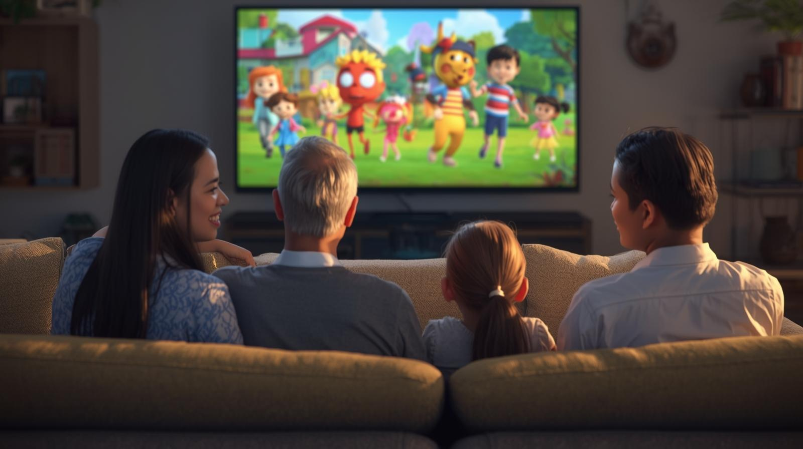 Keluarga Indonesia menikmati kartun populer terbaru di rumah