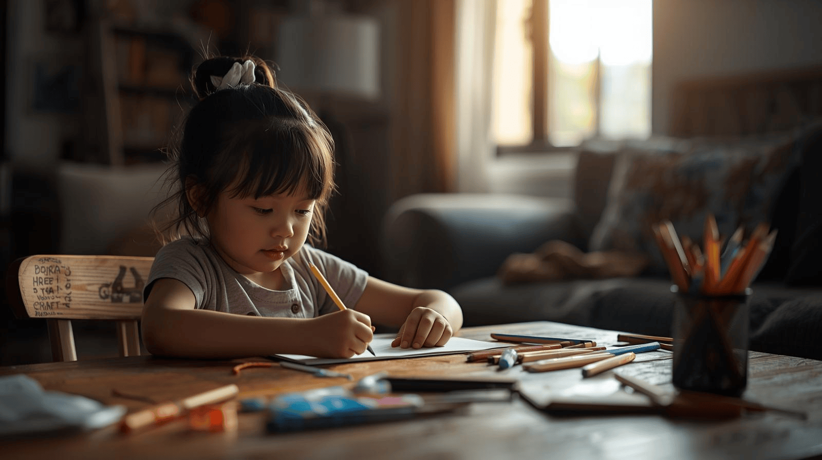 Anak perempuan Indonesia bermain mainan kreatif di rumah