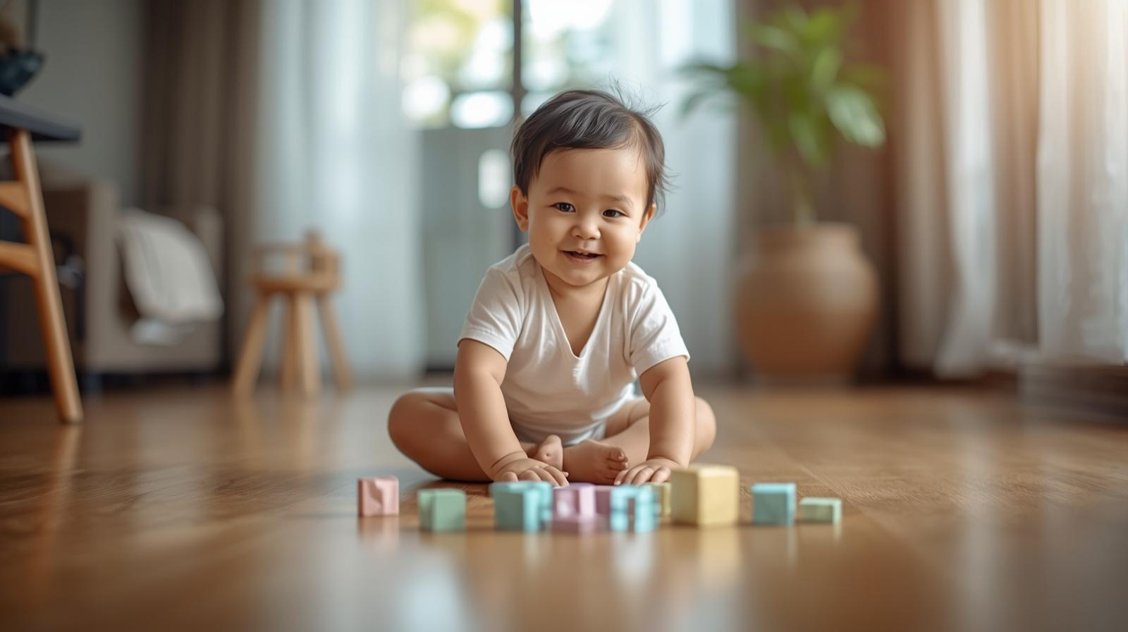 Balita usia 1 tahun bermain balok kayu aman di ruang keluarga
